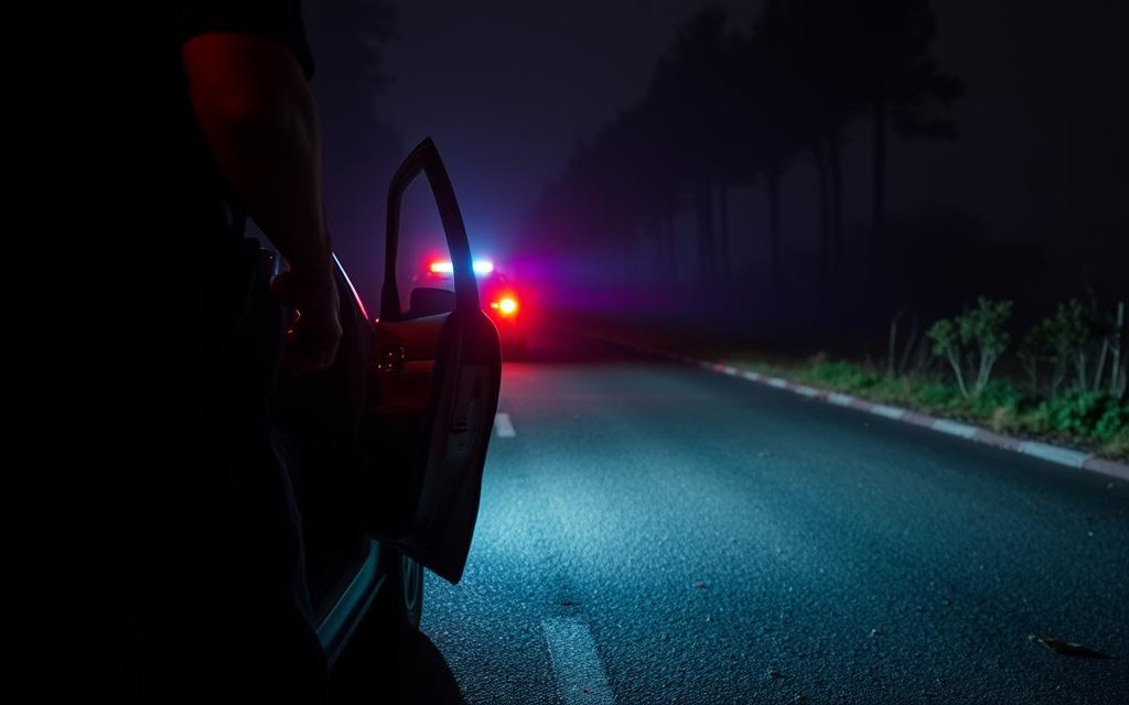 A Dimly Lit Roadside Scene At Night. In The Foreground, A Police Officer Stands Next To An Open Car Door, Examining The Interior With A Flashlight. The Driver'S Hands Are Visible On The Steering Wheel, Fingers Drumming Nervously. In The Middle Ground, The Flashing Red And Blue Lights Of A Patrol Car Cast An Eerie Glow. Tire Tracks And Debris On The Asphalt Suggest A Recent Traffic Stop. The Background Is Hazy, With Tall, Shadowy Trees Lining The Road, Creating An Atmosphere Of Tension And Uncertainty. Realistic Textures, Subtle Highlights, And A Moody, Cinematic Lighting Style Convey The Gravity Of The Dui Search Situation. A Dimly Lit Roadside Scene At Night. In The Foreground, A Police Officer Stands Next To An Open Car Door, Examining The Interior With A Flashlight. The Driver'S Hands Are Visible On The Steering Wheel, Fingers Drumming Nervously. In The Middle Ground, The Flashing Red And Blue Lights Of A Patrol Car Cast An Eerie Glow. Tire Tracks And Debris On The Asphalt Suggest A Recent Traffic Stop. The Background Is Hazy, With Tall, Shadowy Trees Lining The Road, Creating An Atmosphere Of Tension And Uncertainty. Realistic Textures, Subtle Highlights, And A Moody, Cinematic Lighting Style Convey The Gravity Of The Dui Search Situation.