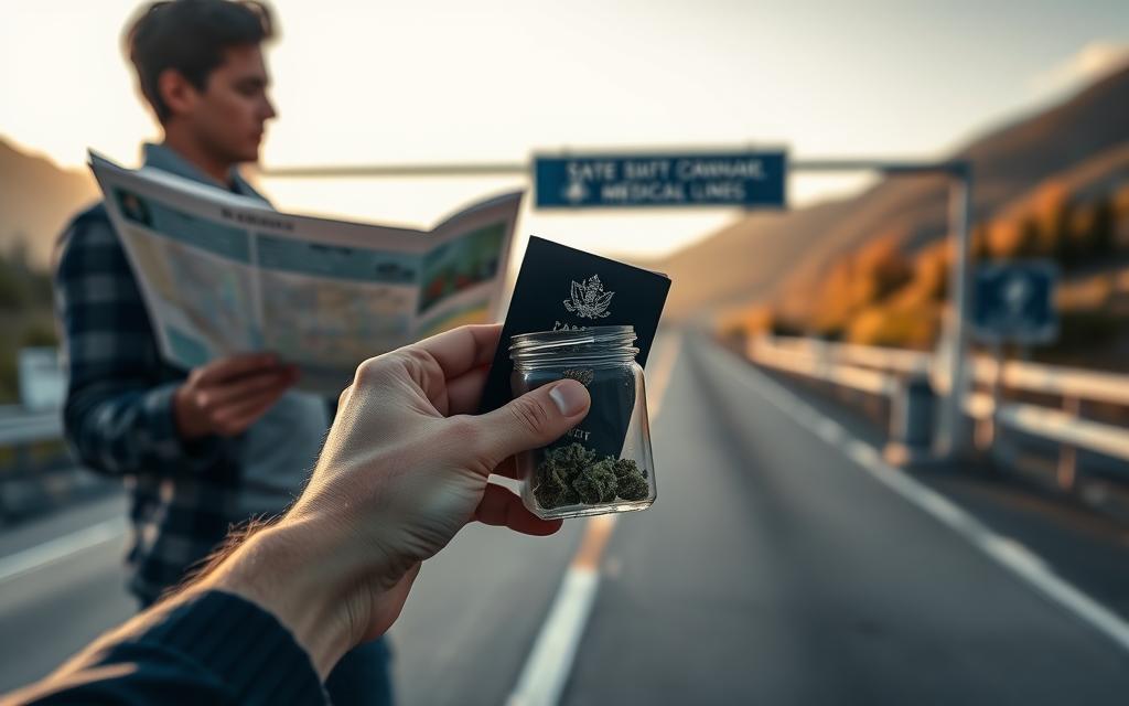 A Person Standing At A State Border Checkpoint, Examining A Map And Passport While Considering The Legality Of Transporting Medical Cannabis Across State Lines. Soft, Warm Lighting Bathes The Scene, Creating A Pensive, Contemplative Atmosphere. In The Foreground, A Hand Holds A Small Jar Of Cannabis, Its Contents Visible Through The Glass. The Middle Ground Features The Border Crossing With Discreet Signage, While The Background Blends Natural Landscapes On Either Side Of The Divide. The Image Conveys The Careful Navigation Required When Moving Medical Marijuana Between Different State Regulatory Frameworks. A Person Standing At A State Border Checkpoint, Examining A Map And Passport While Considering The Legality Of Transporting Medical Cannabis Across State Lines. Soft, Warm Lighting Bathes The Scene, Creating A Pensive, Contemplative Atmosphere. In The Foreground, A Hand Holds A Small Jar Of Cannabis, Its Contents Visible Through The Glass. The Middle Ground Features The Border Crossing With Discreet Signage, While The Background Blends Natural Landscapes On Either Side Of The Divide. The Image Conveys The Careful Navigation Required When Moving Medical Marijuana Between Different State Regulatory Frameworks.