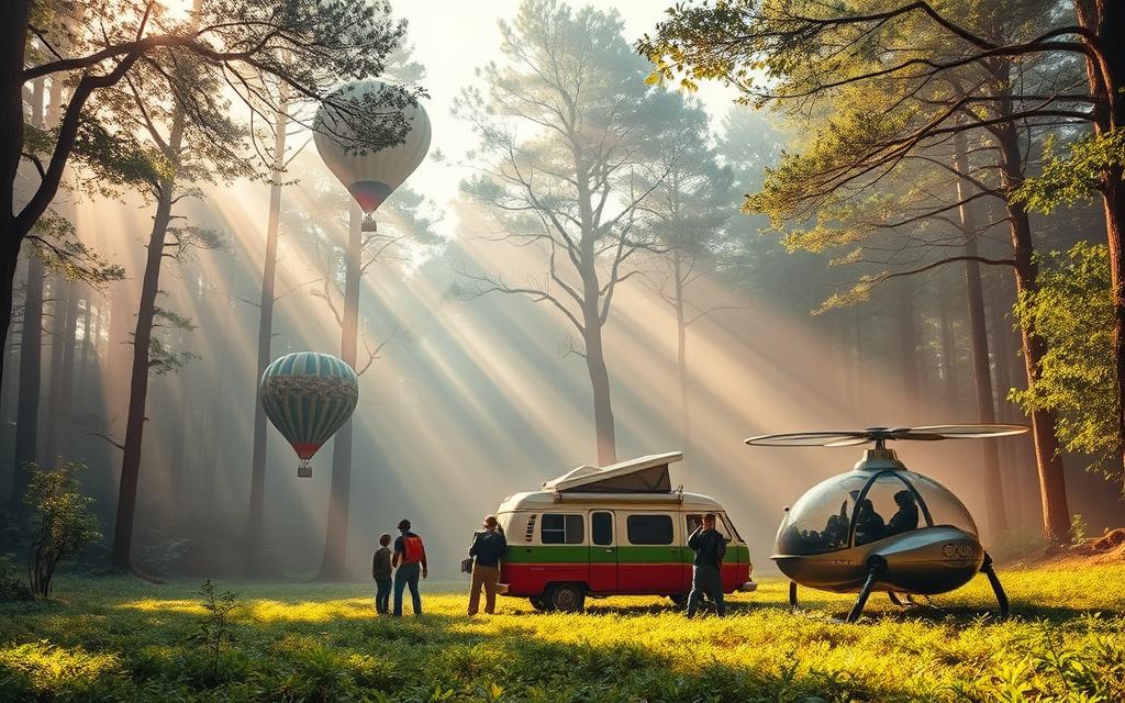 A Serene Mist-Shrouded Forest Clearing, Sunlight Filtering Through The Lush Canopy. In The Foreground, A Group Of Travelers Explores Alternative Modes Of Cannabis-Infused Transportation - A Hot Air Balloon, A Colorful Camper Van, And A Futuristic Hover-Craft, All Poised For A Journey Through The Verdant Landscape. The Atmosphere Is One Of Adventure And Exploration, With A Sense Of Wonder And Discovery. The Lighting Is Soft And Dreamlike, Casting A Warm, Golden Glow Over The Scene. The Camera Angle Is Slightly Elevated, Capturing The Tranquil Tableau From An Immersive, Bird'S-Eye Perspective. A Serene Mist-Shrouded Forest Clearing, Sunlight Filtering Through The Lush Canopy. In The Foreground, A Group Of Travelers Explores Alternative Modes Of Cannabis-Infused Transportation - A Hot Air Balloon, A Colorful Camper Van, And A Futuristic Hover-Craft, All Poised For A Journey Through The Verdant Landscape. The Atmosphere Is One Of Adventure And Exploration, With A Sense Of Wonder And Discovery. The Lighting Is Soft And Dreamlike, Casting A Warm, Golden Glow Over The Scene. The Camera Angle Is Slightly Elevated, Capturing The Tranquil Tableau From An Immersive, Bird'S-Eye Perspective.