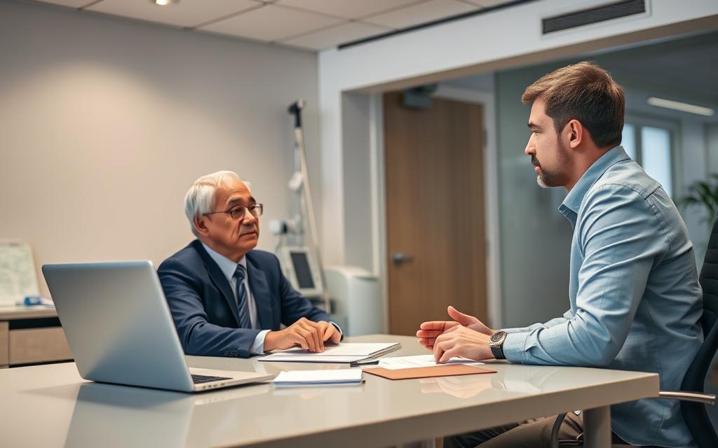A Well-Lit Office Interior, A Desk With A Modern Laptop And Documents, A Negotiator In A Suit Sitting Across From A Patient In Casual Wear, Engaged In A Discussion, Their Expressions Conveying The Gravity Of The Situation. The Room Has A Neutral, Professional Tone, With Muted Colors And Subtle Hints Of Medical Equipment In The Background, Suggesting The Context Of Healthcare And Financial Negotiations. The Lighting Is Soft And Diffused, Creating A Sense Of Thoughtful Contemplation. The Overall Atmosphere Is One Of Serious Deliberation, As The Two Figures Work To Find A Resolution To The Complex Issue Of Medical Debt.