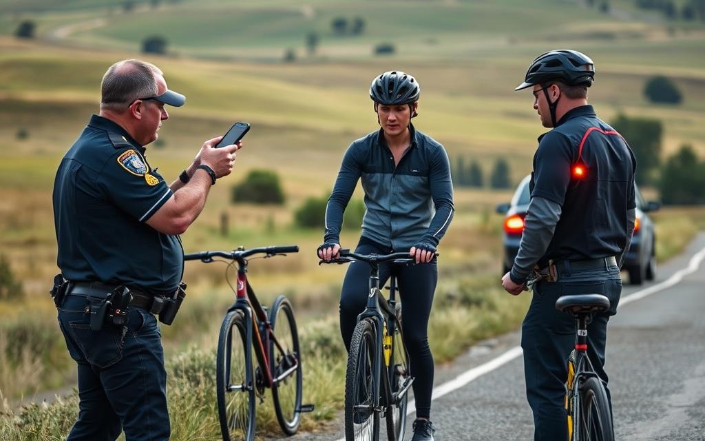 A Well-Lit Outdoor Scene Showing A Police Officer Administering Several Field Sobriety Tests To A Bicyclist On The Side Of A Rural Road. In The Foreground, The Officer Performs A Series Of Tests, Such As The Walk-And-Turn, One-Leg Stand, And Eye Tracking. The Bicyclist, Wearing A Helmet, Focuses Intently On Following The Officer'S Instructions. In The Middle Ground, A Police Vehicle With Flashing Lights Is Parked Nearby. The Background Features A Rolling, Grassy Landscape With Scattered Trees, Suggesting A Countryside Setting. The Mood Is One Of Tense Professionalism, With The Officer Methodically Gathering Evidence As The Bicyclist Submits To The Tests. A Well-Lit Outdoor Scene Showing A Police Officer Administering Several Field Sobriety Tests To A Bicyclist On The Side Of A Rural Road. In The Foreground, The Officer Performs A Series Of Tests, Such As The Walk-And-Turn, One-Leg Stand, And Eye Tracking. The Bicyclist, Wearing A Helmet, Focuses Intently On Following The Officer'S Instructions. In The Middle Ground, A Police Vehicle With Flashing Lights Is Parked Nearby. The Background Features A Rolling, Grassy Landscape With Scattered Trees, Suggesting A Countryside Setting. The Mood Is One Of Tense Professionalism, With The Officer Methodically Gathering Evidence As The Bicyclist Submits To The Tests.