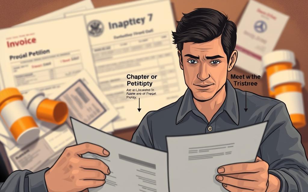 Detailed Illustration Of The Chapter 7 Bankruptcy Process, Against A Backdrop Of Medical Bills And Documents. Foreground Shows A Person Reviewing Financial Paperwork, With An Expression Of Contemplation. Middle Ground Depicts The Key Steps Of Chapter 7 Bankruptcy - Filing The Petition, Meeting With The Trustee, Asset Liquidation, And Debt Discharge. Background Features A Blurred Medical Invoice And Prescription Bottles, Conveying The Context Of Financial Struggles Due To Medical Expenses. Warm, Muted Lighting Casts A Contemplative Atmosphere, With A Slightly Low Camera Angle To Suggest The Gravity Of The Situation. Photorealistic Style With Sharp Focus And Attention To Detail. Detailed Illustration Of The Chapter 7 Bankruptcy Process, Against A Backdrop Of Medical Bills And Documents. Foreground Shows A Person Reviewing Financial Paperwork, With An Expression Of Contemplation. Middle Ground Depicts The Key Steps Of Chapter 7 Bankruptcy - Filing The Petition, Meeting With The Trustee, Asset Liquidation, And Debt Discharge. Background Features A Blurred Medical Invoice And Prescription Bottles, Conveying The Context Of Financial Struggles Due To Medical Expenses. Warm, Muted Lighting Casts A Contemplative Atmosphere, With A Slightly Low Camera Angle To Suggest The Gravity Of The Situation. Photorealistic Style With Sharp Focus And Attention To Detail.